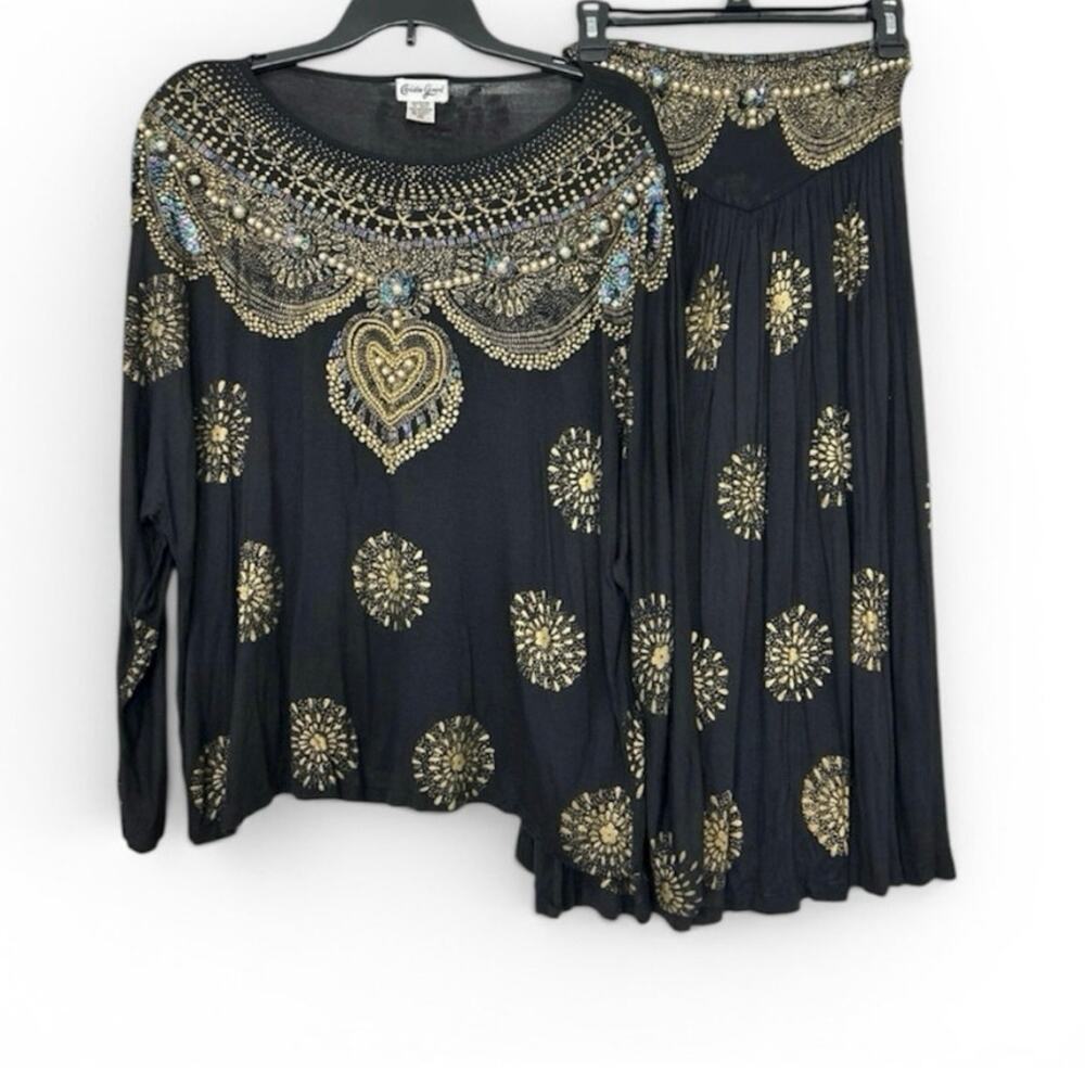 Christine Gerard Vintage 2 Piece Top Skirt Whimsical Boho Artsy Ornate Beaded M